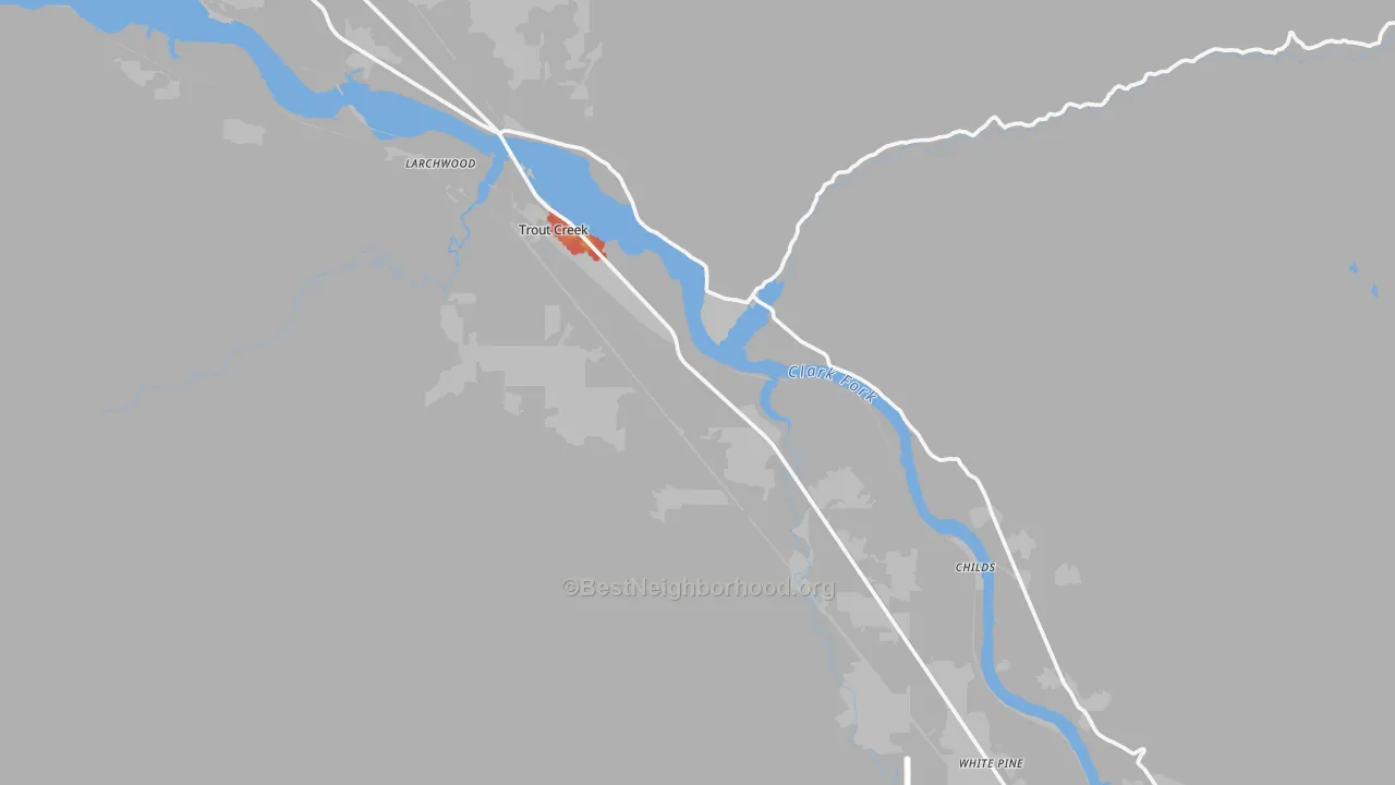 Walk Grade map of Trout Creek, MT, walkable areas in green and car-dependent areas in red