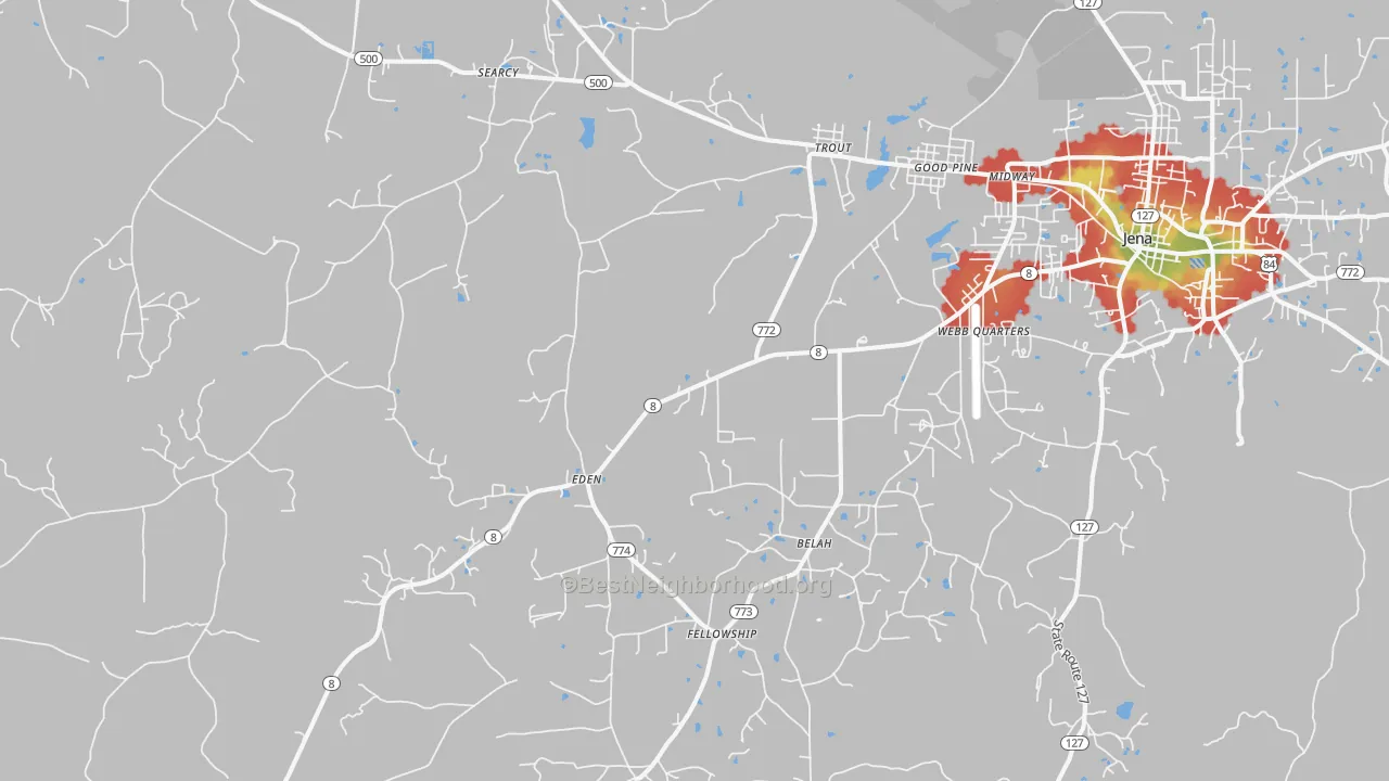 Walk Grade map of Trout, LA, walkable areas in green and car-dependent areas in red