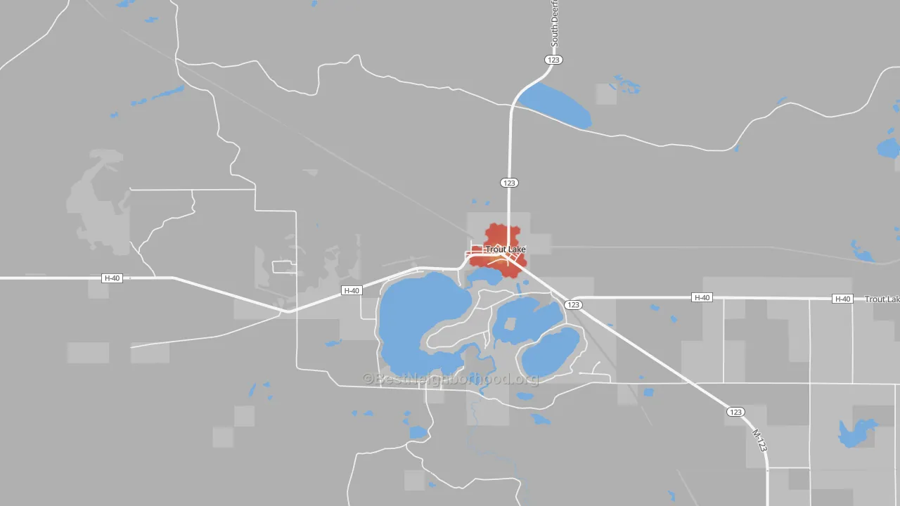 Walk Grade map of Trout Lake, MI, walkable areas in green and car-dependent areas in red