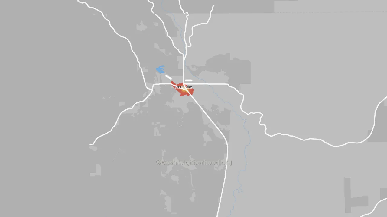 Walk Grade map of Trout Lake, WA, walkable areas in green and car-dependent areas in red
