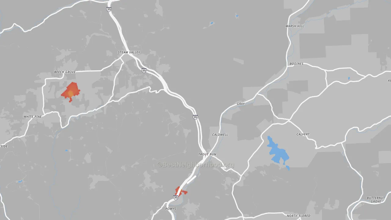 Walk Grade map of Trout Run, PA, walkable areas in green and car-dependent areas in red