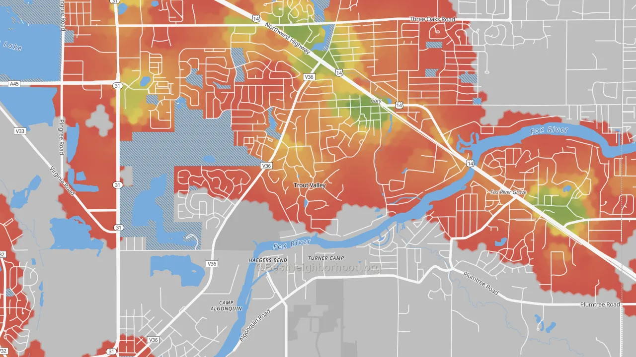 Walk Grade map of Trout Valley, IL, walkable areas in green and car-dependent areas in red