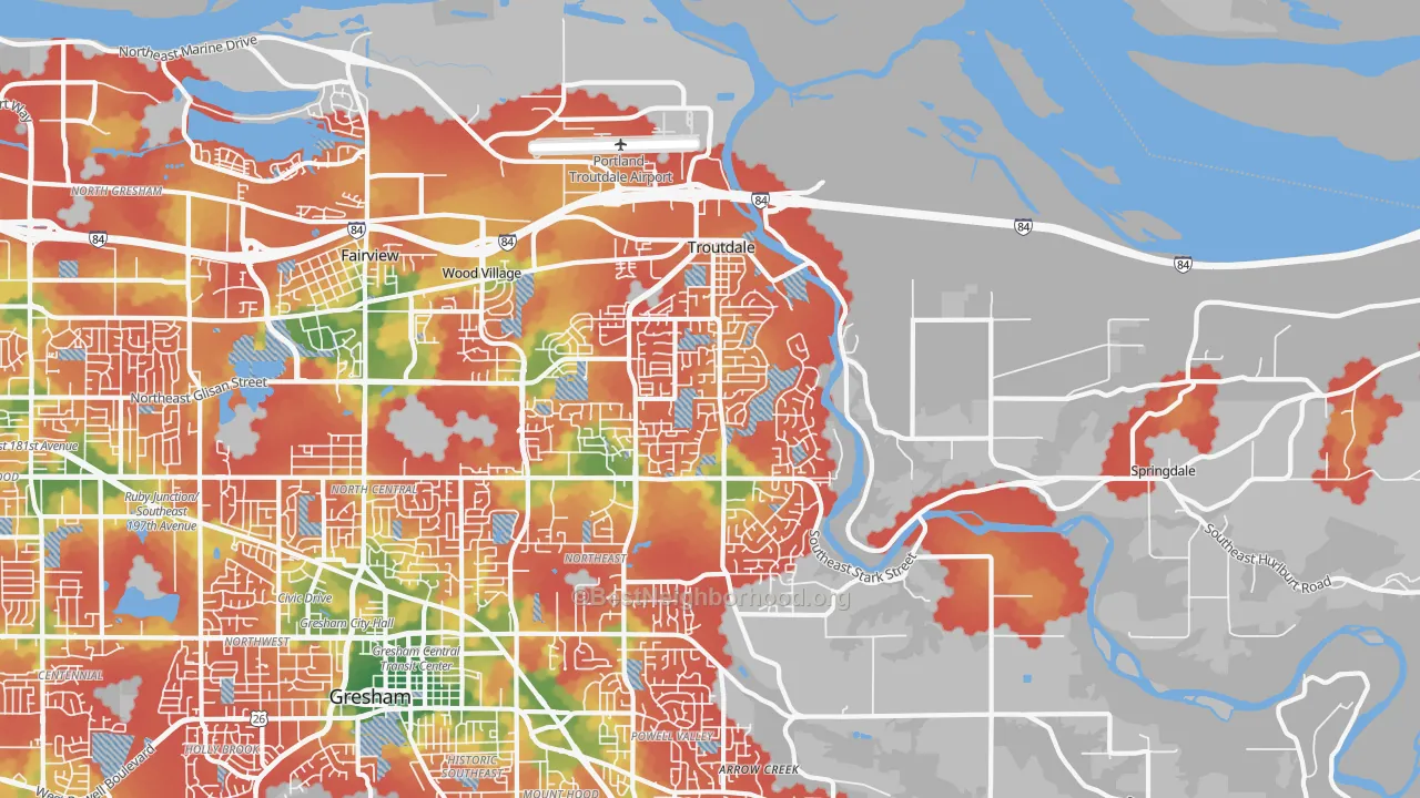 Walk Grade map of Troutdale, OR, walkable areas in green and car-dependent areas in red