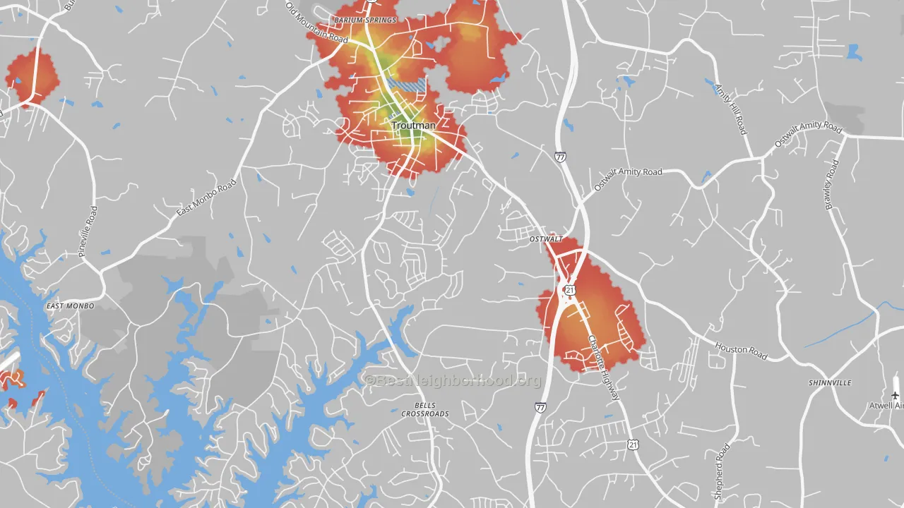 Walk Grade map of Troutman, NC, walkable areas in green and car-dependent areas in red