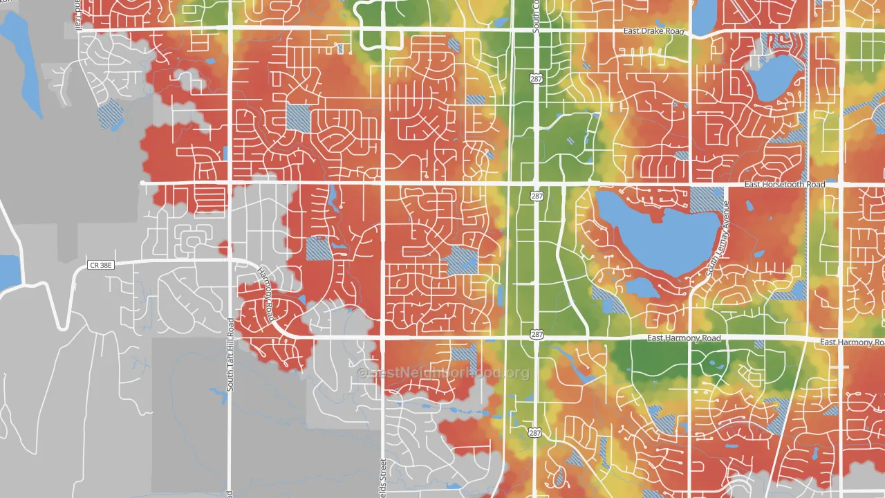Walk Grade map of Troutman Park, Fort Collins, CO, walkable areas in green and car-dependent areas in red