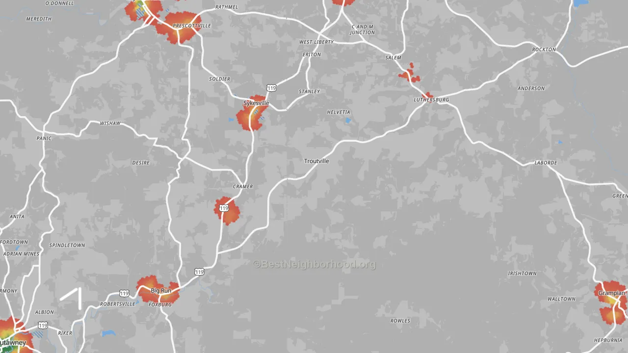 Walk Grade map of Troutville, PA, walkable areas in green and car-dependent areas in red