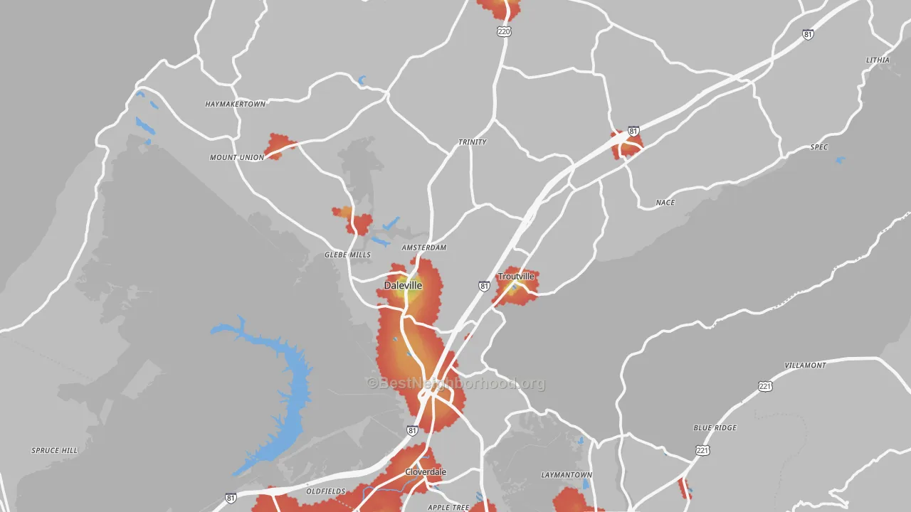 Walk Grade map of Troutville, VA, walkable areas in green and car-dependent areas in red