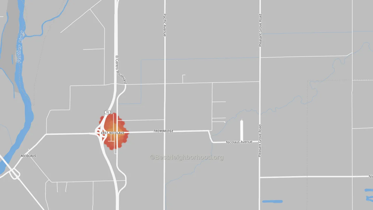 Walk Grade map of Trowbridge, CA, walkable areas in green and car-dependent areas in red