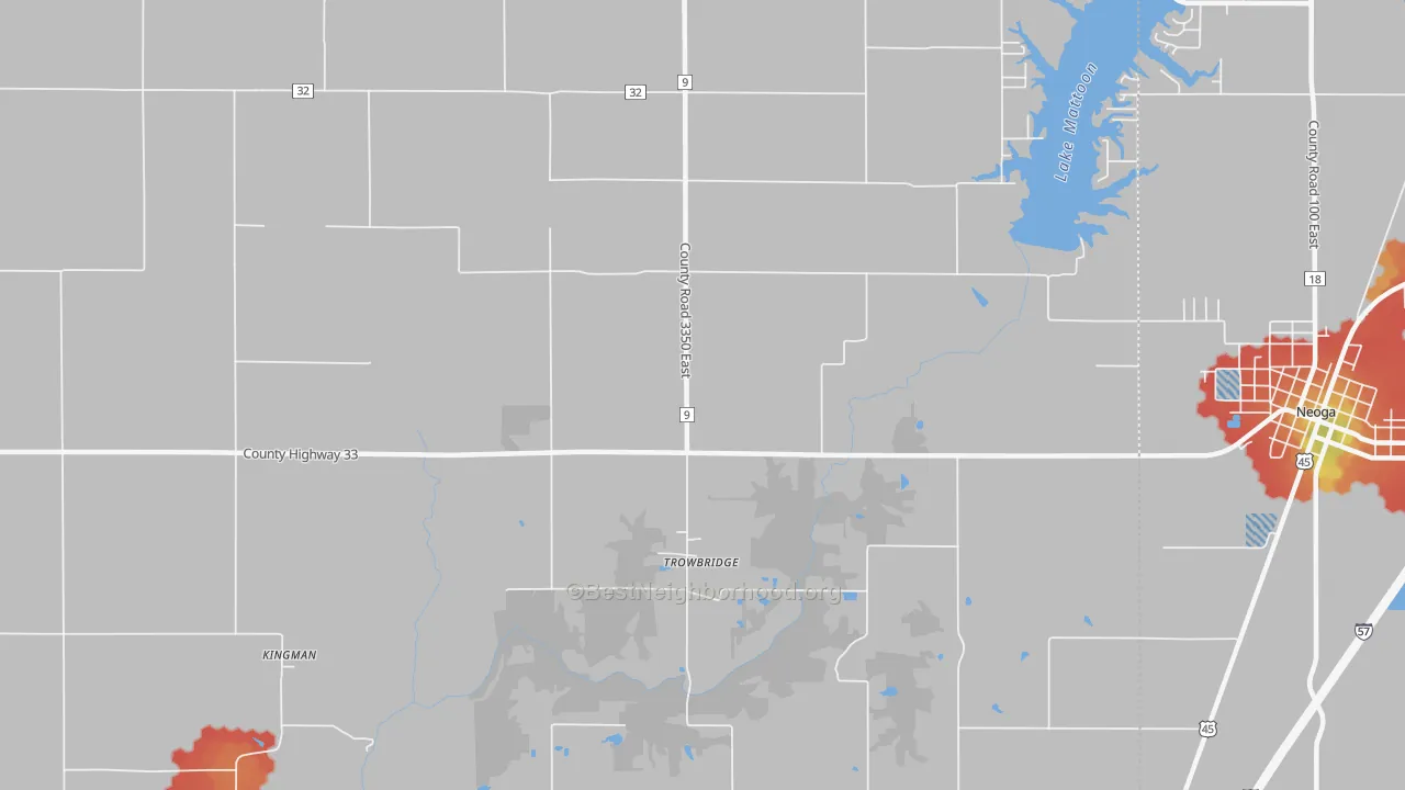 Walk Grade map of Trowbridge, IL, walkable areas in green and car-dependent areas in red