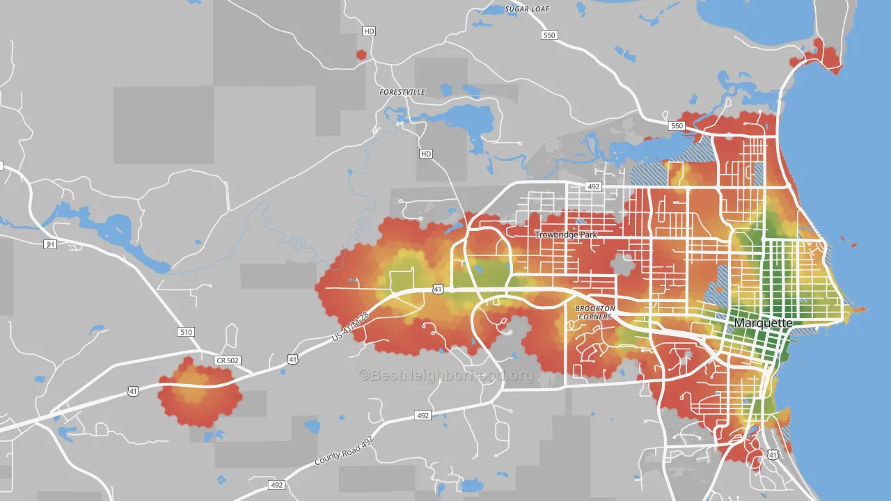 Walk Grade map of Trowbridge Park, MI, walkable areas in green and car-dependent areas in red