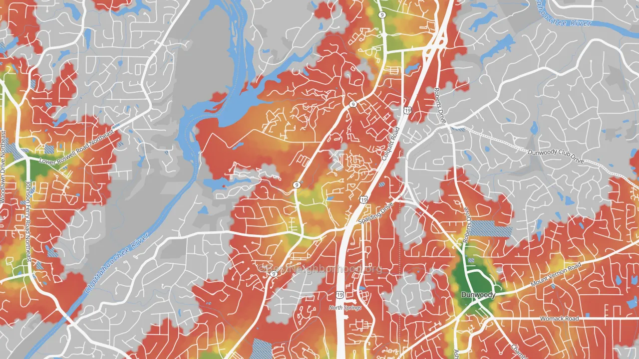 Walk Grade map of Trowbridge Square, Sandy Springs, GA, walkable areas in green and car-dependent areas in red