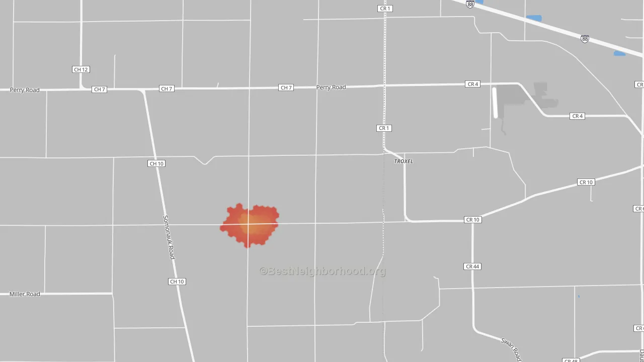 Walk Grade map of Troxel, IL, walkable areas in green and car-dependent areas in red