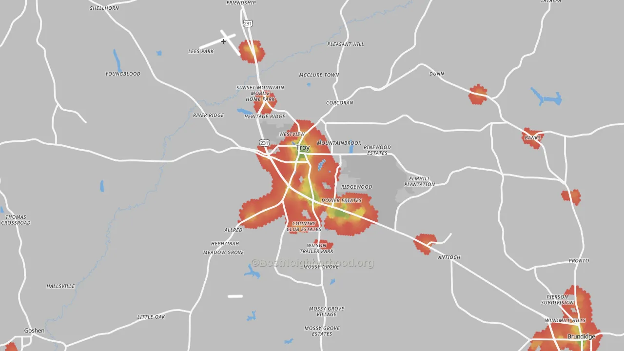 Walk Grade map of Troy, AL, walkable areas in green and car-dependent areas in red