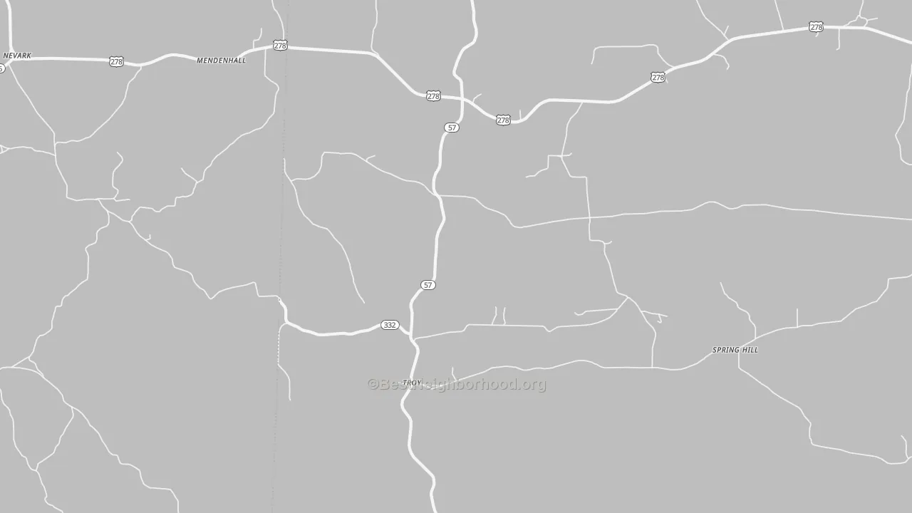 Walk Grade map of Troy, AR, walkable areas in green and car-dependent areas in red