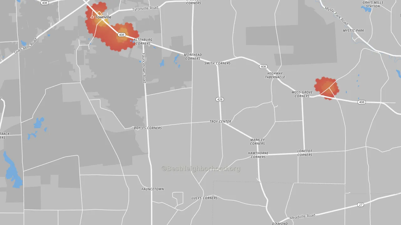 Walk Grade map of Troy Center, PA, walkable areas in green and car-dependent areas in red