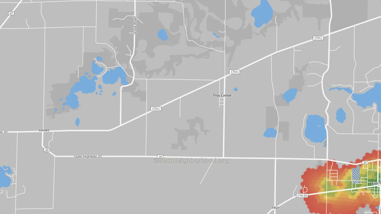 Walk Grade map of Troy Center, WI, walkable areas in green and car-dependent areas in red