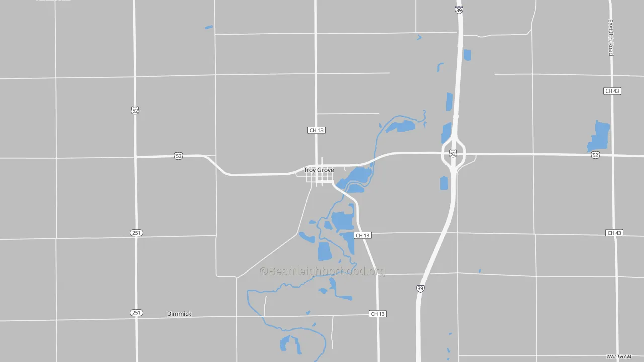 Walk Grade map of Troy Grove, IL, walkable areas in green and car-dependent areas in red
