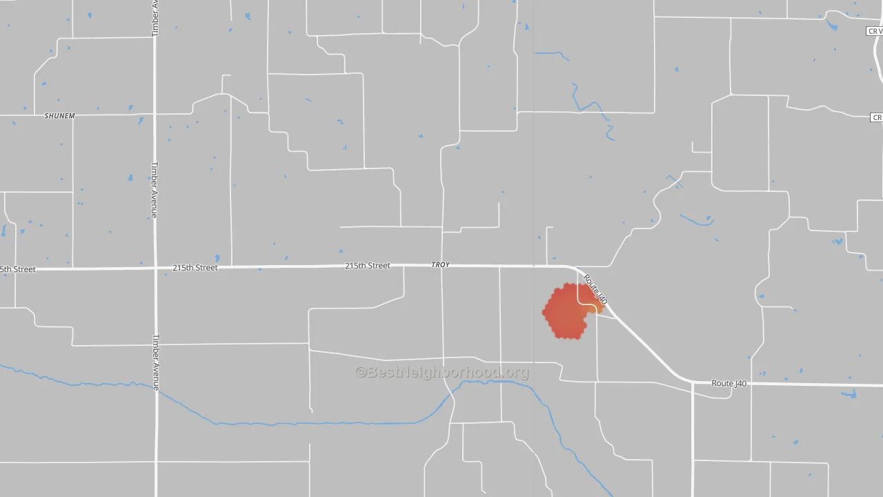 Walk Grade map of Troy, IA, walkable areas in green and car-dependent areas in red
