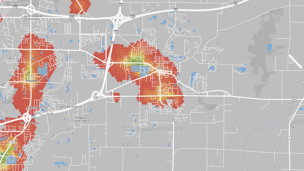 Walk Grade map of Troy, IL, walkable areas in green and car-dependent areas in red