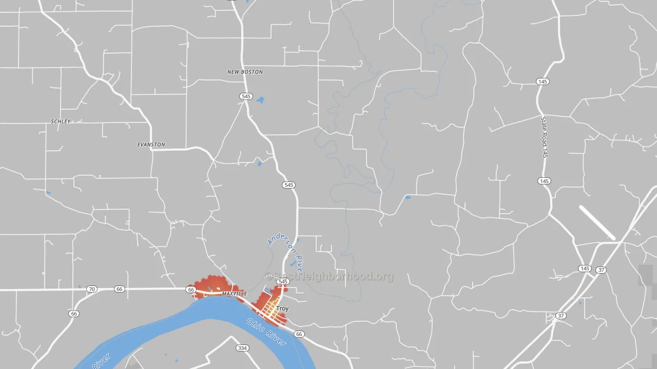 Walk Grade map of Troy, IN, walkable areas in green and car-dependent areas in red