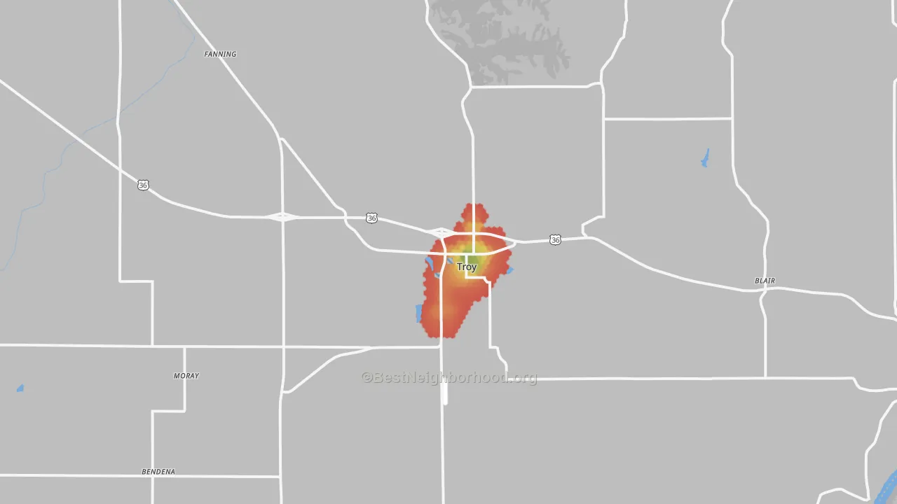 Walk Grade map of Troy, KS, walkable areas in green and car-dependent areas in red