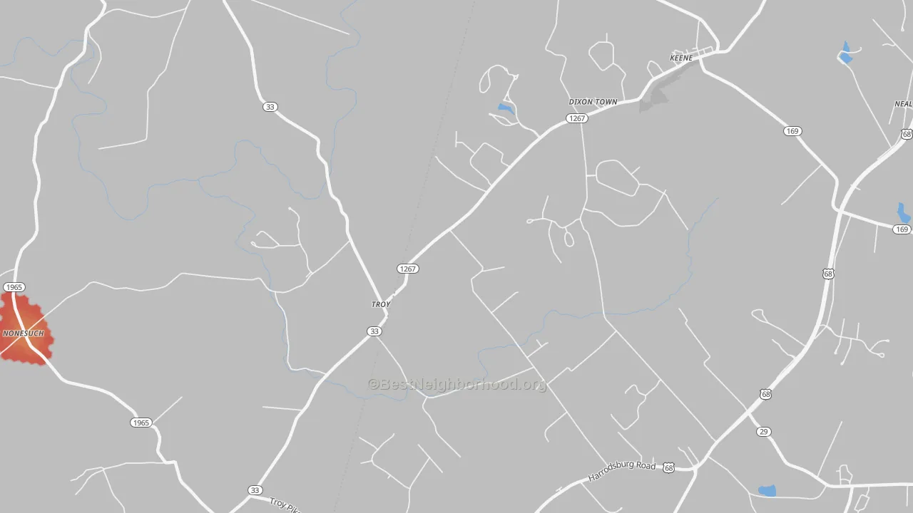 Walk Grade map of Troy, KY, walkable areas in green and car-dependent areas in red