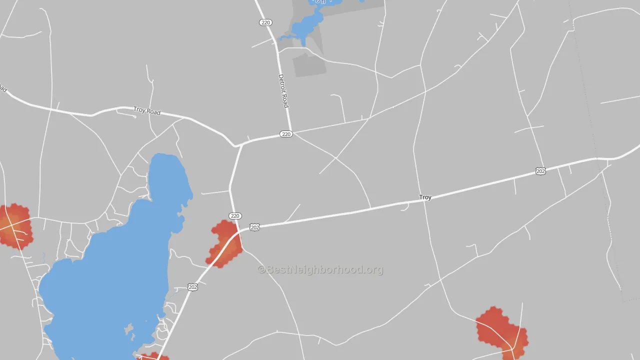 Walk Grade map of Troy, ME, walkable areas in green and car-dependent areas in red