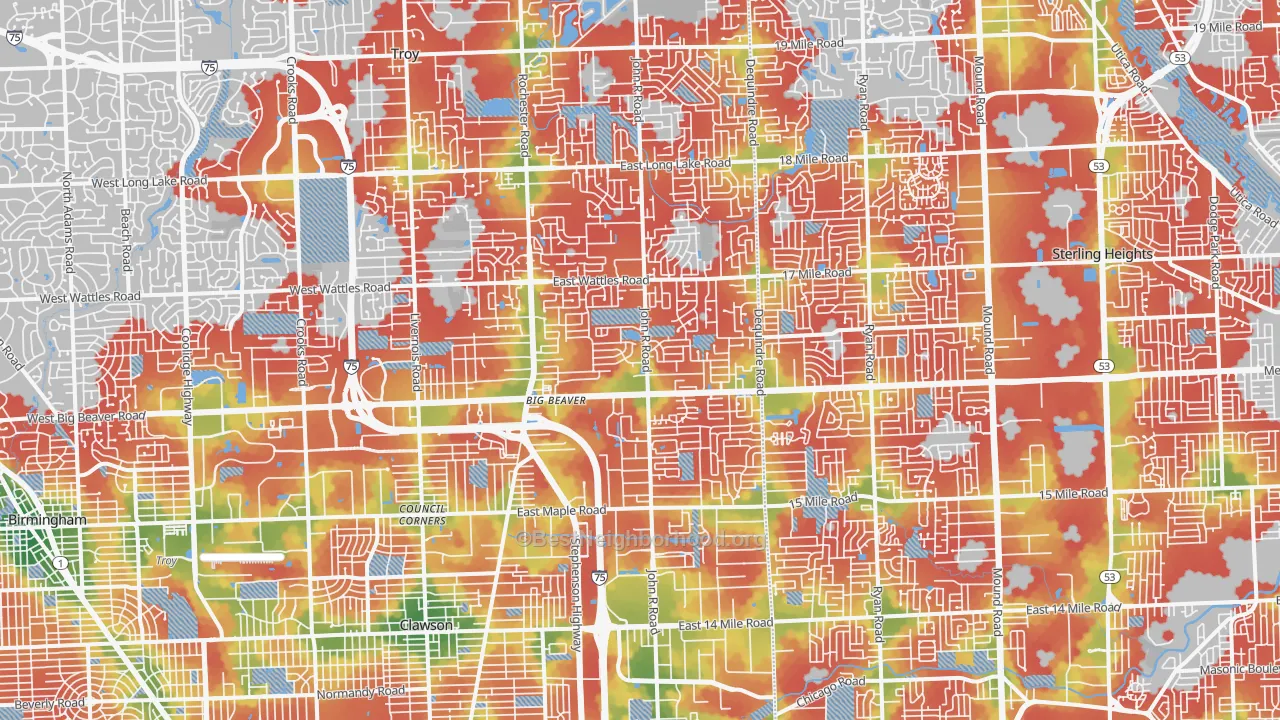 Walk Grade map of Troy, MI, walkable areas in green and car-dependent areas in red