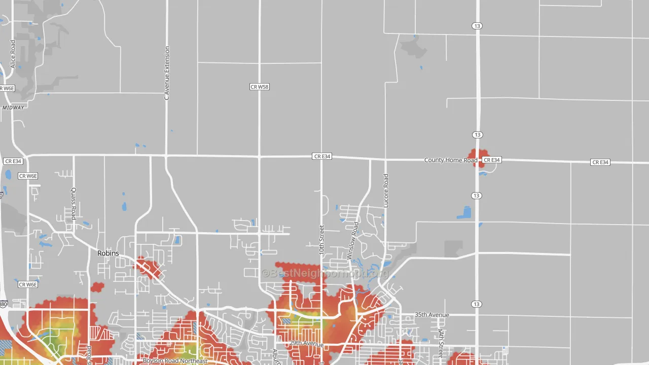 Walk Grade map of Troy Mills, IA, walkable areas in green and car-dependent areas in red