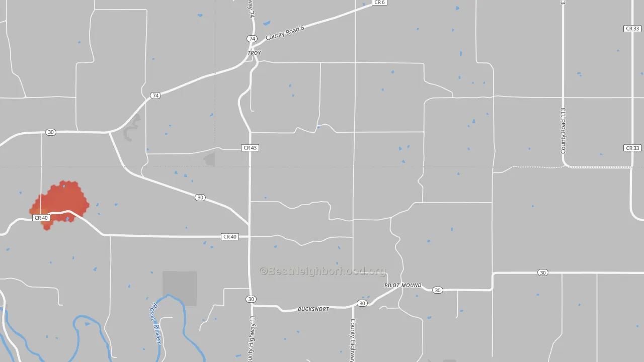 Walk Grade map of Troy, MN, walkable areas in green and car-dependent areas in red
