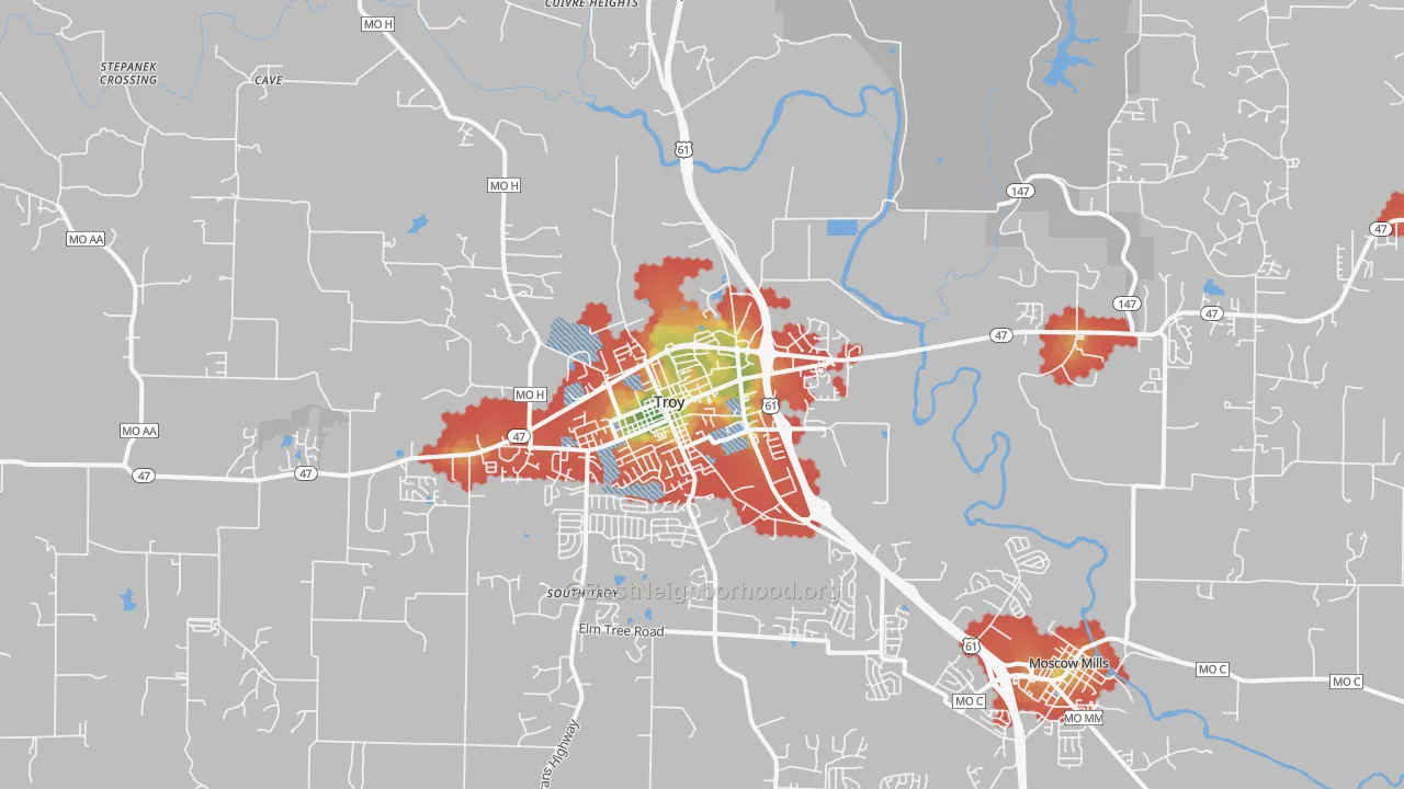 Walk Grade map of Troy, MO, walkable areas in green and car-dependent areas in red