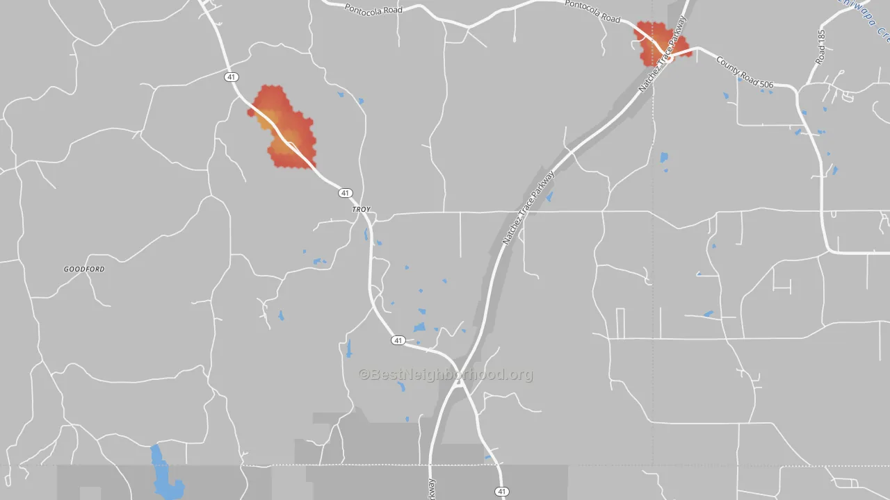 Walk Grade map of Troy, MS, walkable areas in green and car-dependent areas in red