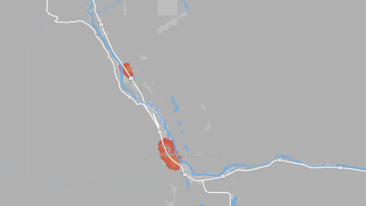 Walk Grade map of Troy, MT, walkable areas in green and car-dependent areas in red