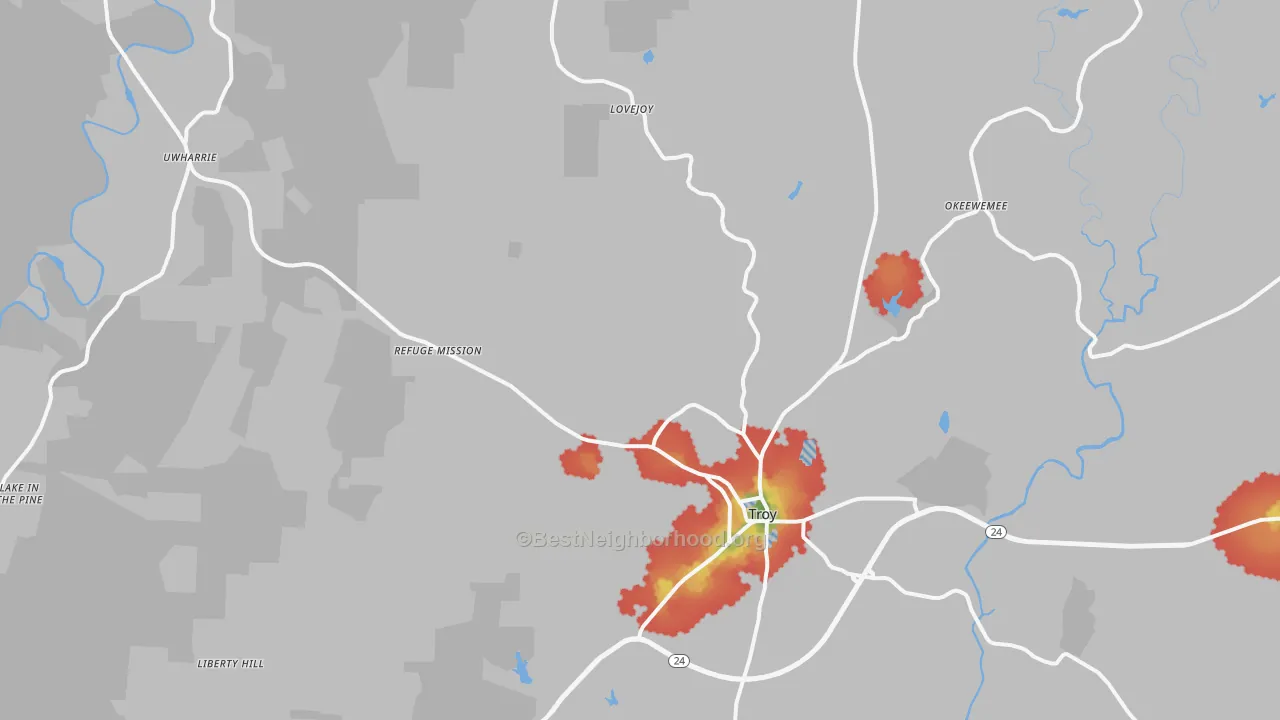 Walk Grade map of Troy, NC, walkable areas in green and car-dependent areas in red
