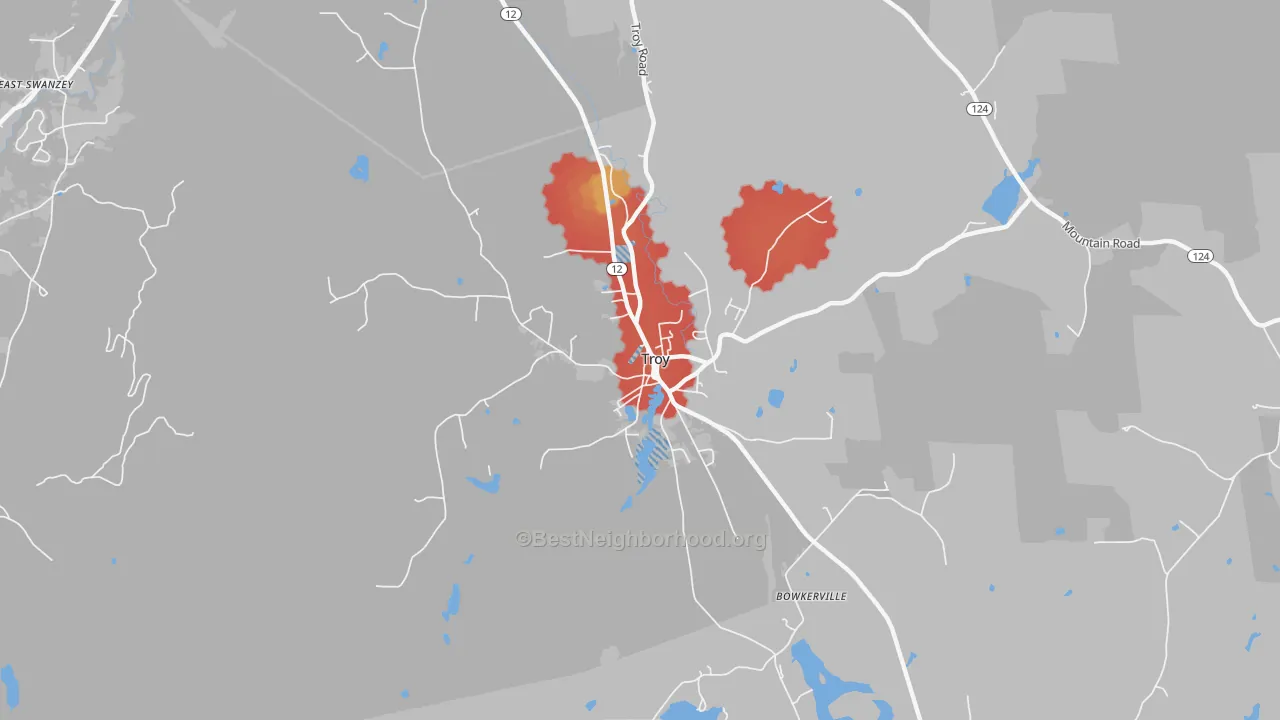 Walk Grade map of Troy, NH, walkable areas in green and car-dependent areas in red