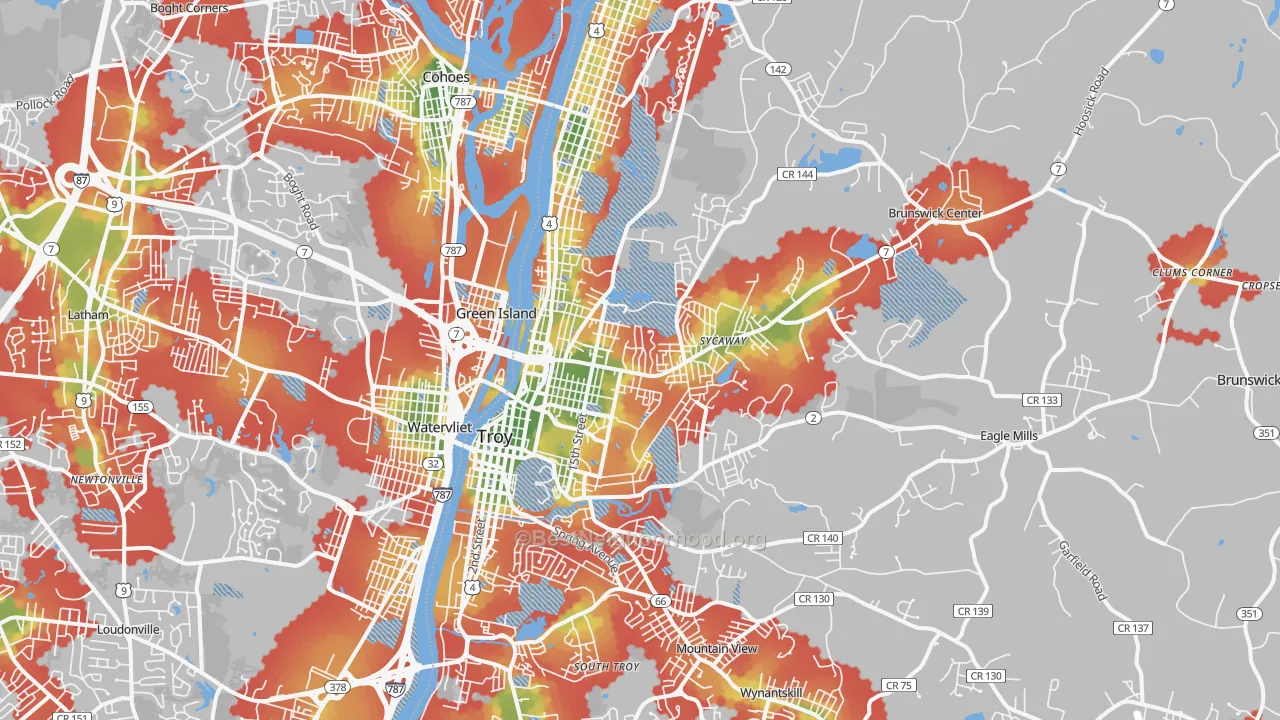 Walk Grade map of Troy, NY, walkable areas in green and car-dependent areas in red