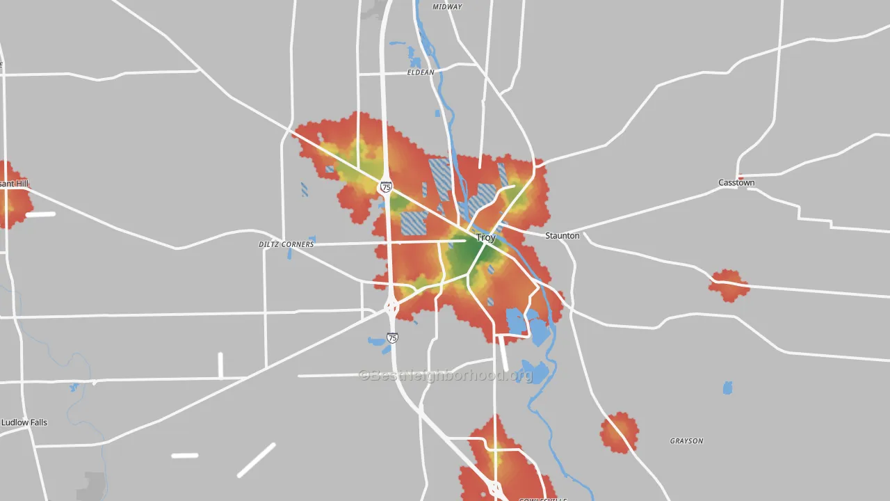 Walk Grade map of Troy, OH, walkable areas in green and car-dependent areas in red