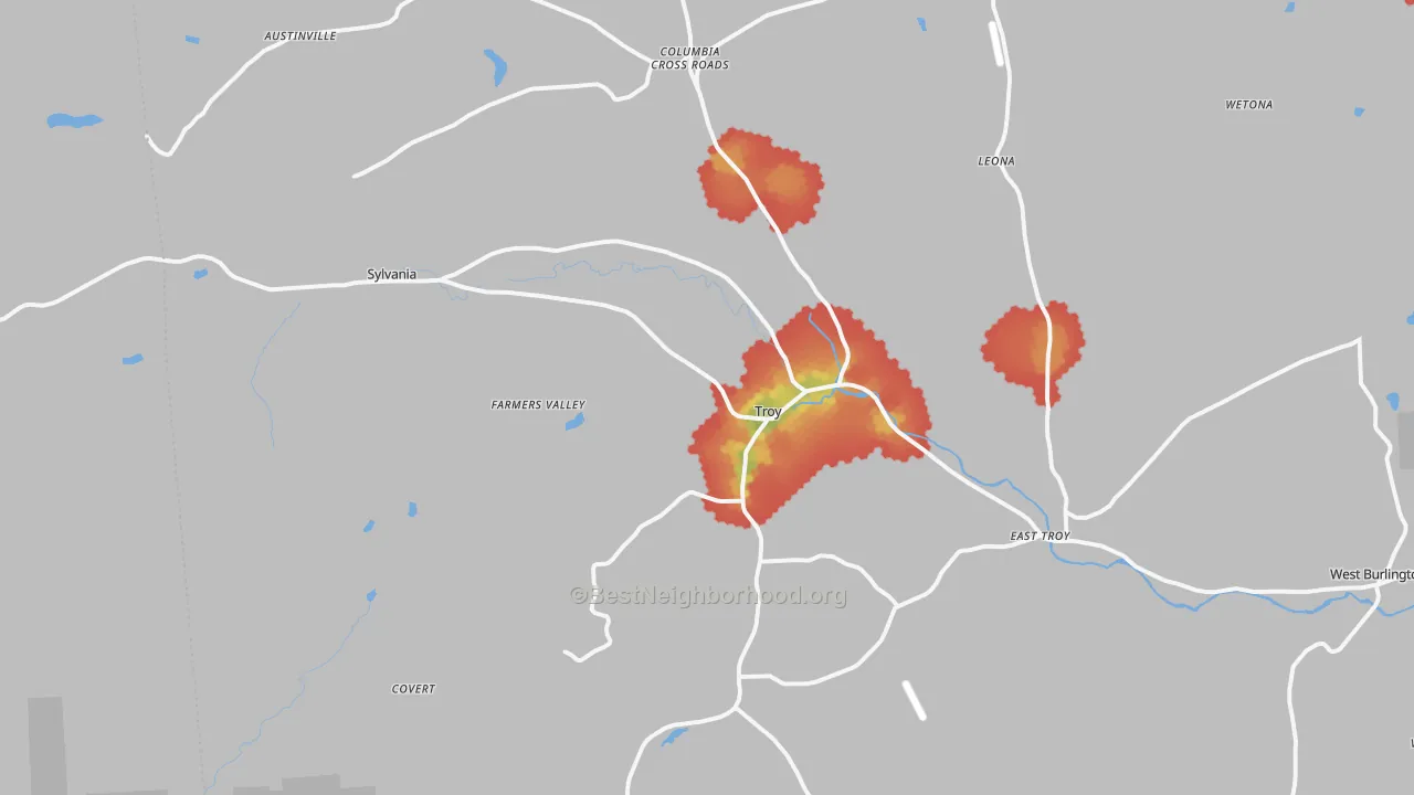 Walk Grade map of Troy, PA, walkable areas in green and car-dependent areas in red