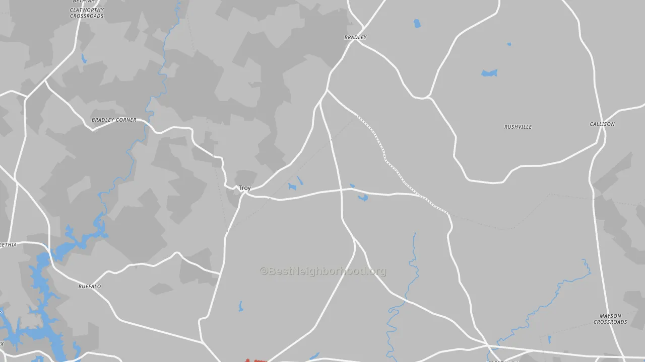 Walk Grade map of Troy, SC, walkable areas in green and car-dependent areas in red