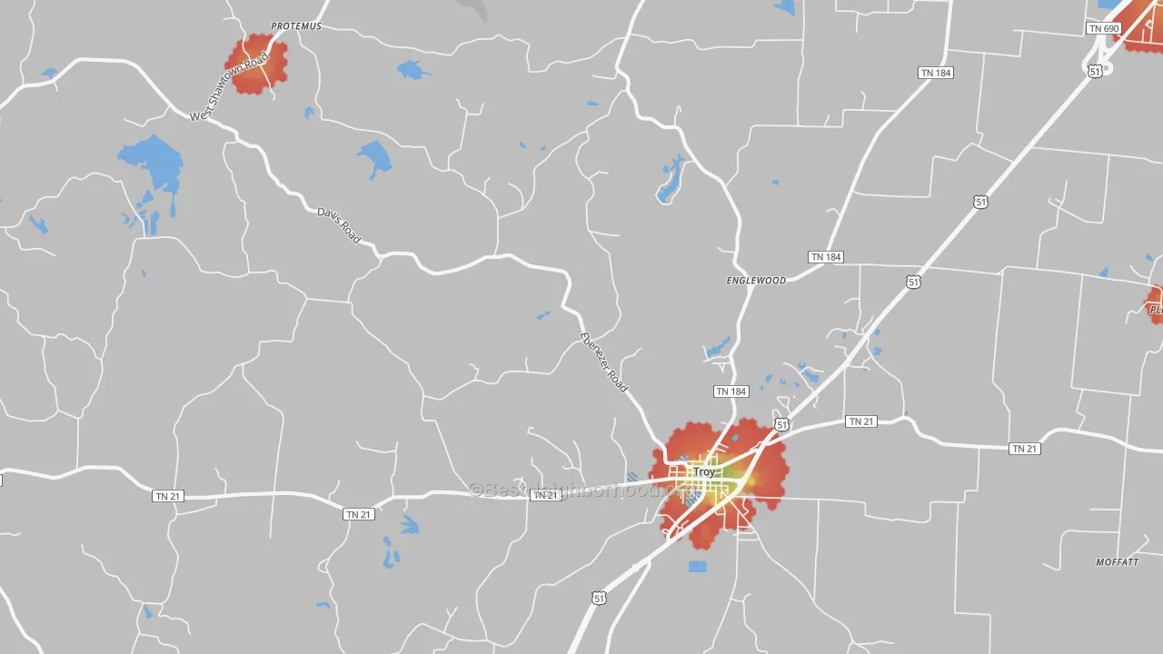 Walk Grade map of Troy, TN, walkable areas in green and car-dependent areas in red