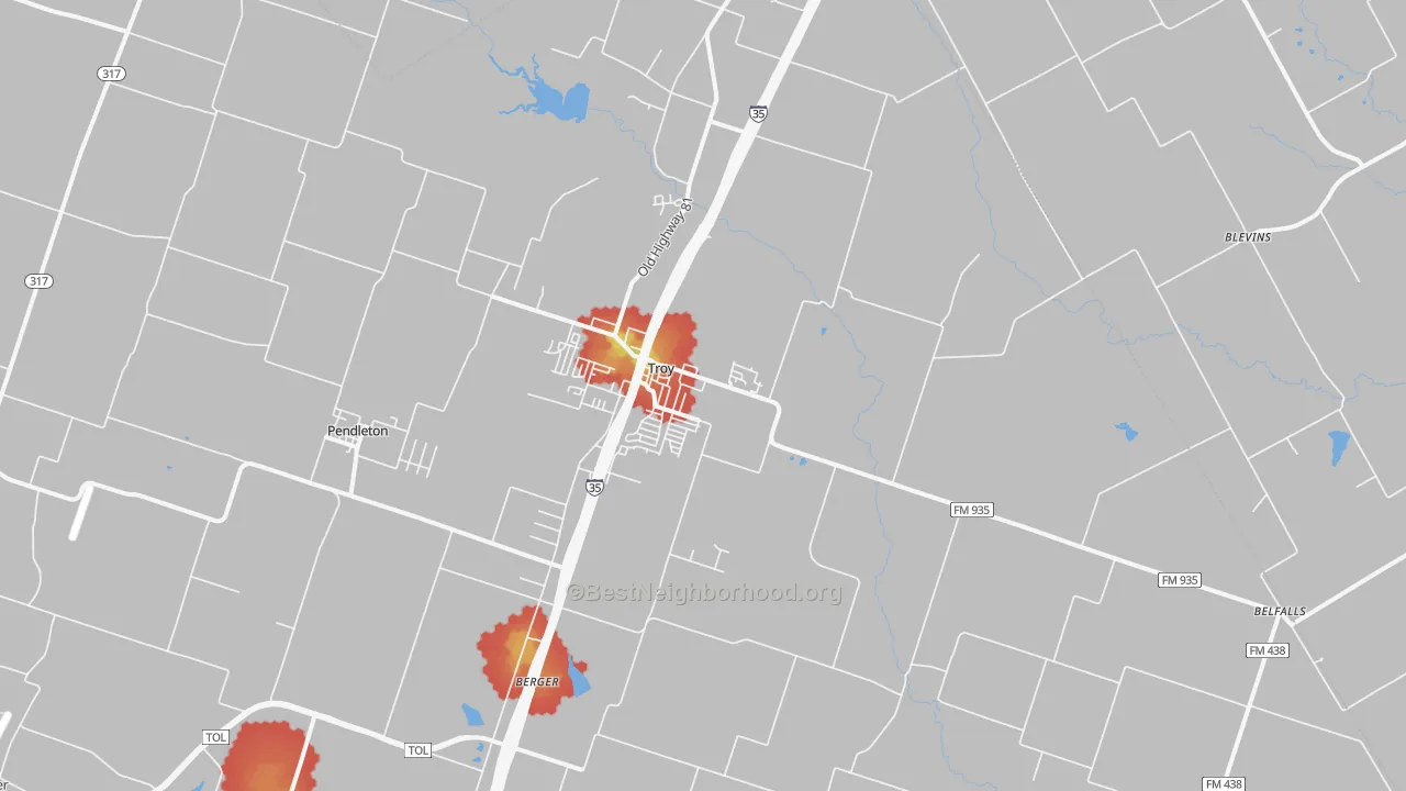 Walk Grade map of Troy, TX, walkable areas in green and car-dependent areas in red