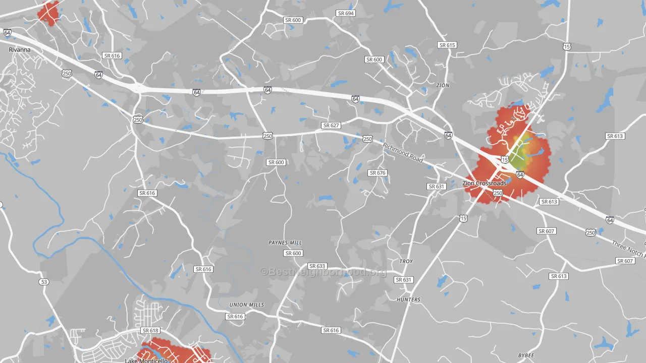 Walk Grade map of Troy, VA, walkable areas in green and car-dependent areas in red