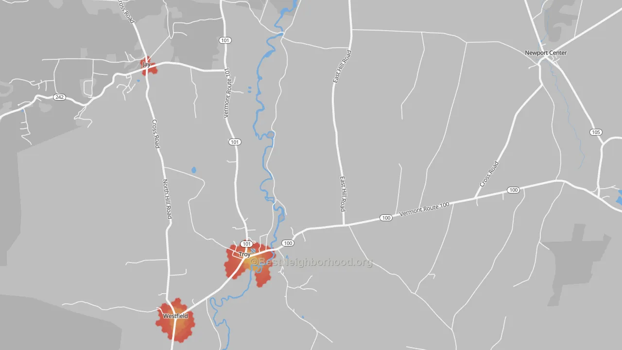 Walk Grade map of Troy, VT, walkable areas in green and car-dependent areas in red