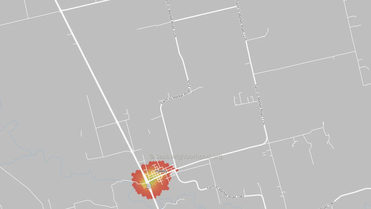 Walk Grade map of Truby, TX, walkable areas in green and car-dependent areas in red