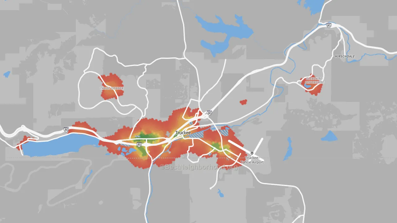 Walk Grade map of Truckee, CA, walkable areas in green and car-dependent areas in red