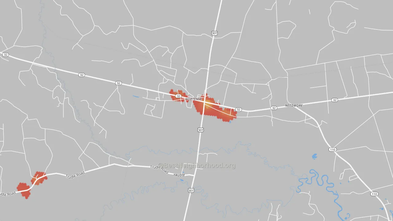 Walk Grade map of Trudie, GA, walkable areas in green and car-dependent areas in red