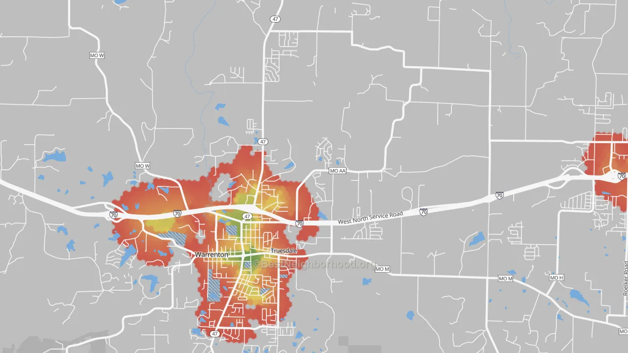Walk Grade map of Truesdale, MO, walkable areas in green and car-dependent areas in red