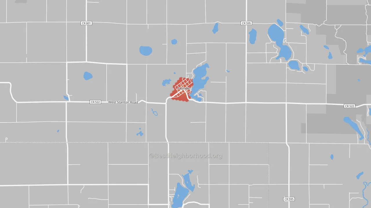 Walk Grade map of Trufant, MI, walkable areas in green and car-dependent areas in red
