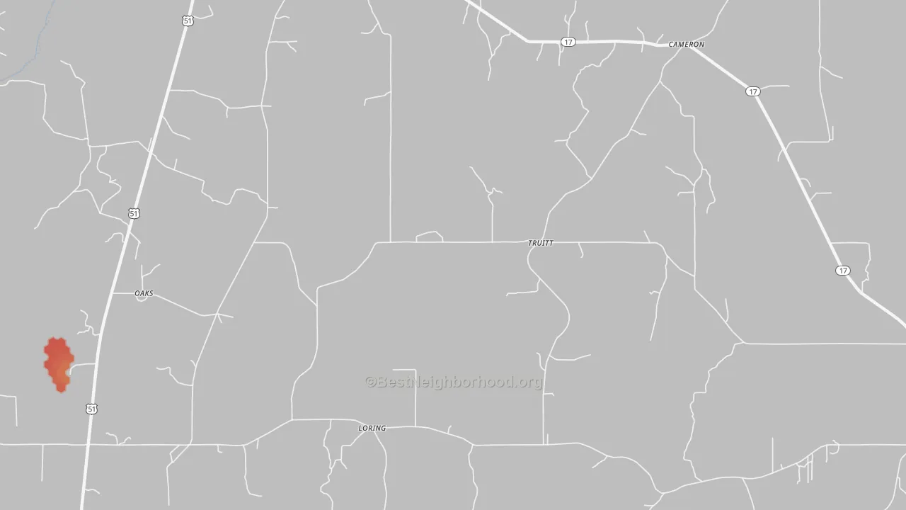 Walk Grade map of Truitt, MS, walkable areas in green and car-dependent areas in red