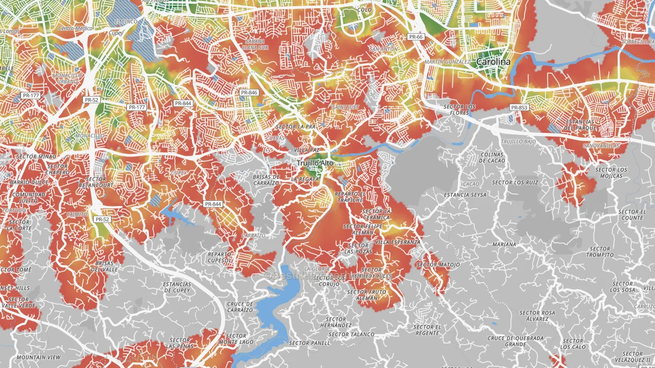 Walk Grade map of Trujillo Alto, PR, walkable areas in green and car-dependent areas in red